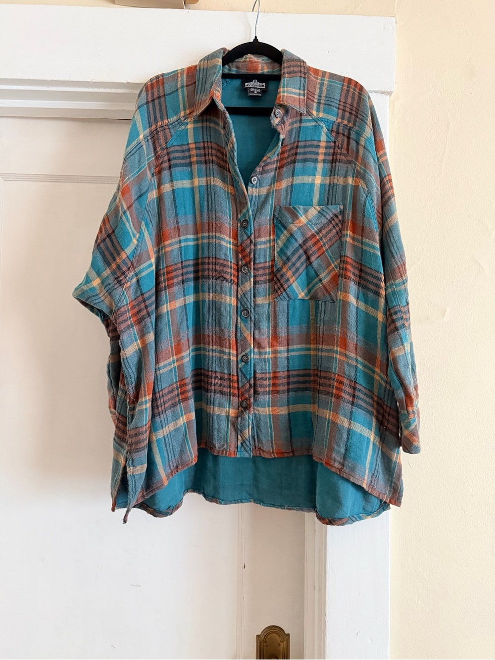 ANGIE Oversized Plaid High Low Button Down Shirt Teal Rust Cotton Small
